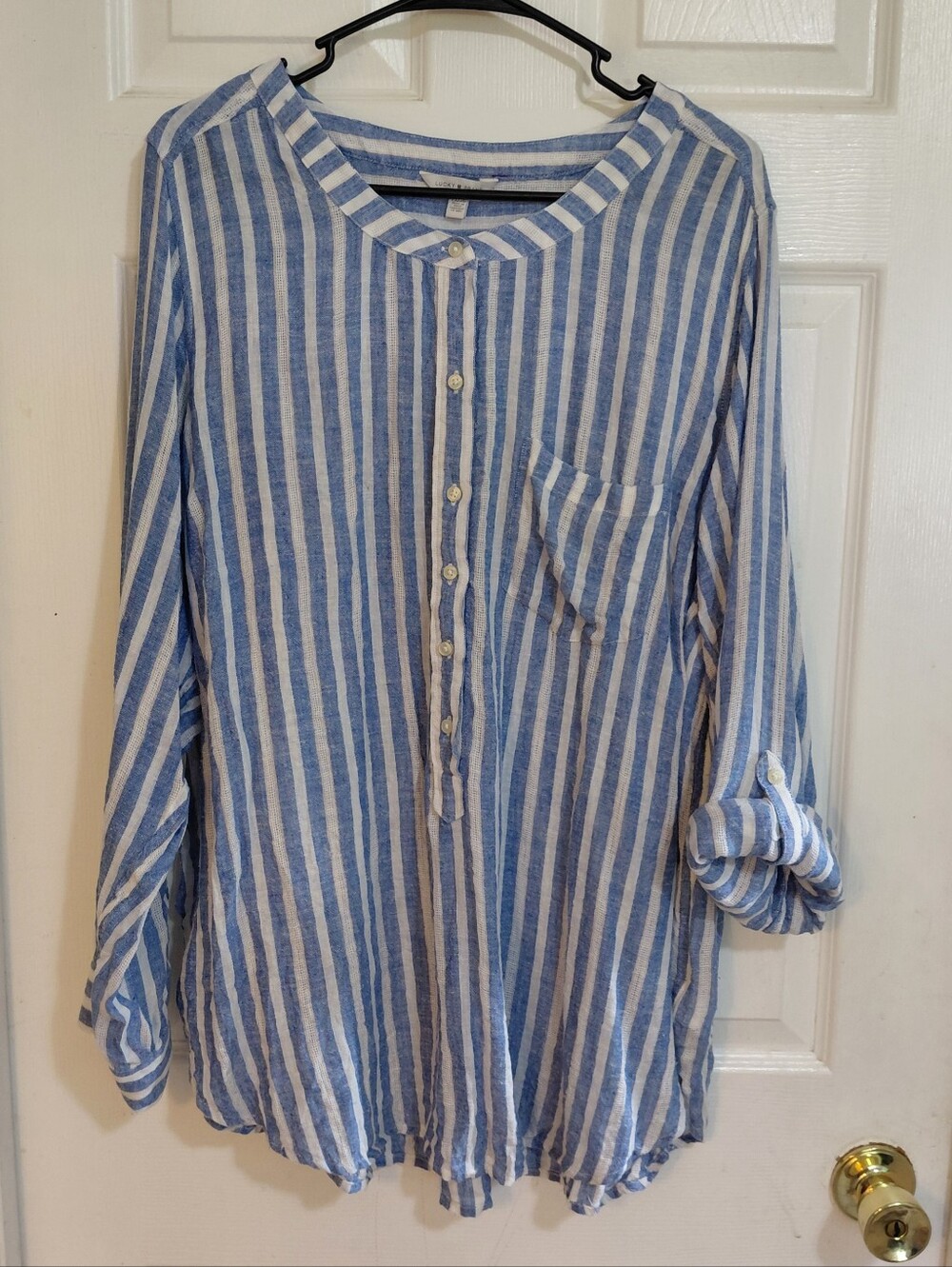 Lucky Brand Blue & White Long Sleeve Roll Tab Tunic Shirt 2X